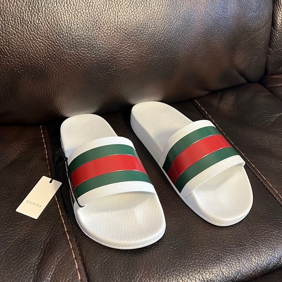 Gucci men’s GG signature web monogram logo stripe slides sandals NWB - Picture 2 of 8